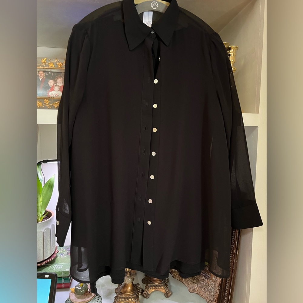 Marla Wynne Sz S sheer BLACK button shirt top Layers HSN